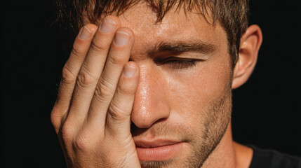 Fototapeta premium Close up of man with serious expression, partially covering his face with one hand, showcasing his textured skin