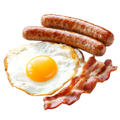 Breakfast bacon, sausage, and eggs isolated on white background