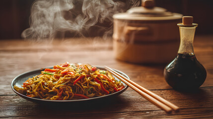 Freshly Made Yakisoba Served on a Family Kitchen Table with Steam Rising and Soy Sauce in the Background