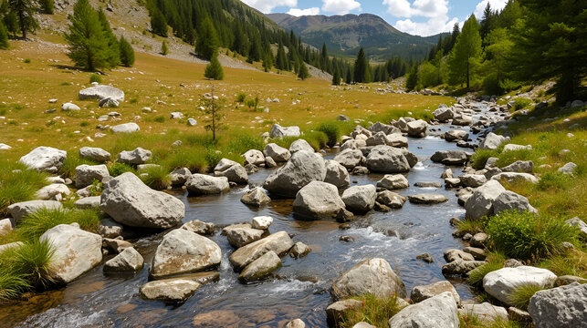 rocks in mountain stream on beautiful plain near pre de mme carle in french parc national des ecrins of haute provence in the french alps
