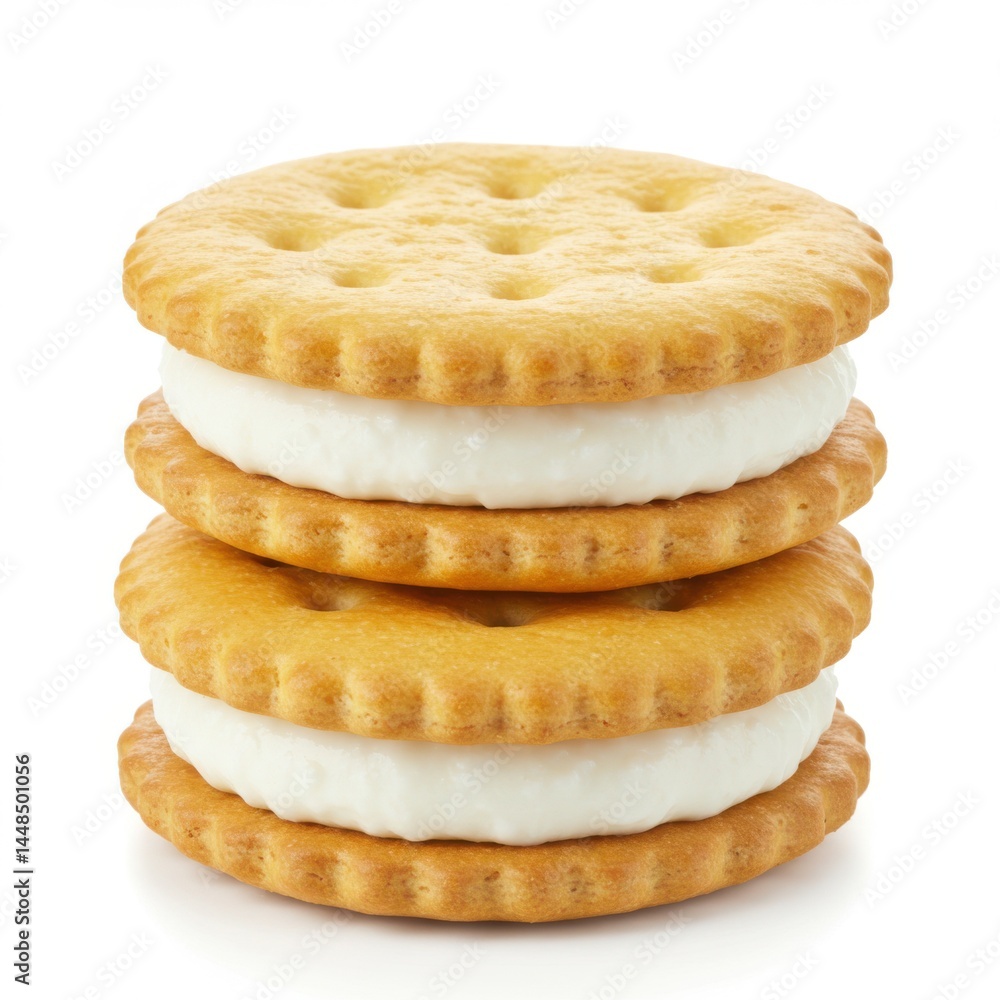 Poster a stack of three round crackers with white cream filling on a white background isolated close up