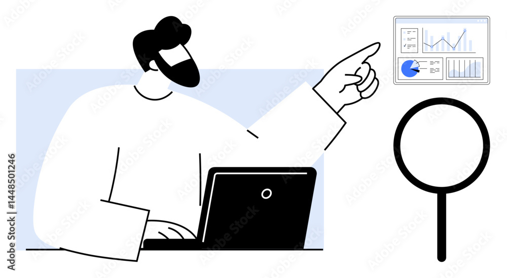 Aufkleber business professional using a laptop and pointing to a data dashboard with charts, graphs, and magni