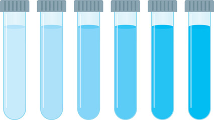 Vector set of laboratory test tubes with different concentrations of blue substance solution. Color gradient from light to dark. lab glassware