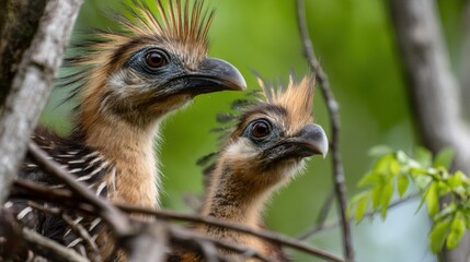 Fototapeta premium Hoatzin Chicks Nesting in Amazon Rainforest
