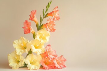 Obraz premium Delicate arrangement of salmon and cream gladioli.