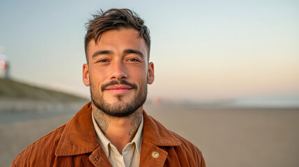 Fototapeta premium Young man with a light stubble, smiling gently, wears a brown leather jacket, standing on a beach at dusk.
