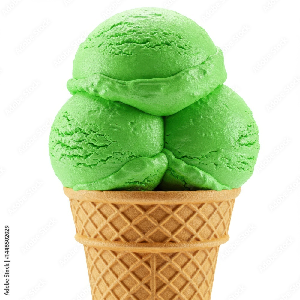 Poster a close up of a waffle cone with three scoops of bright green ice cream stacked on top of each other
