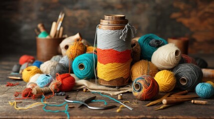 Colorful yarn and tools on rustic table