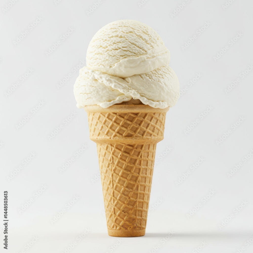Poster a vanilla ice cream cone with two scoops on a white background in a studio shot close up view