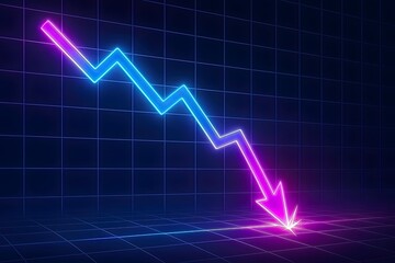 Naklejka premium Illuminated futuristic financial graph descending sharply, crashing into digital floor, symbolic illustration of severe market decline, investment crisis, and economic instability.