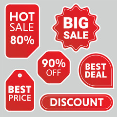 Set of vector red starburst, sticker sale quality tags and labels, template banner shopping badges, simple flat style labels, stickers with sale discount