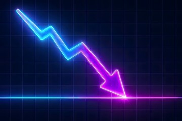 Vibrant neon arrow depicting severe financial downturn striking bottom axis, futuristic visualization illustrating market collapse, economic recession, and business risk.