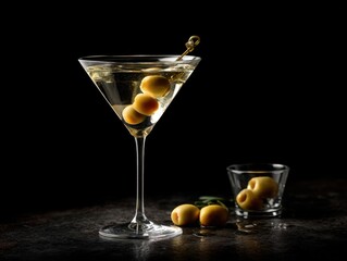 Dirty martini cocktail in martini glass with olives on dark table