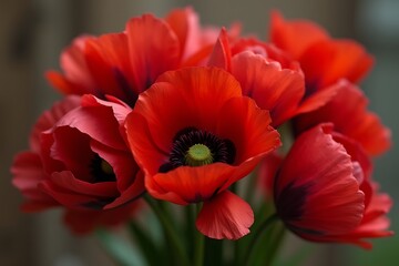 Vibrant Close-Up of a Bouquet of Scarlet Red Poppy Flowers with Delicate Petals and Dark Centers, Botanical Beauty, Floral Arrangement, Springtime Bloom