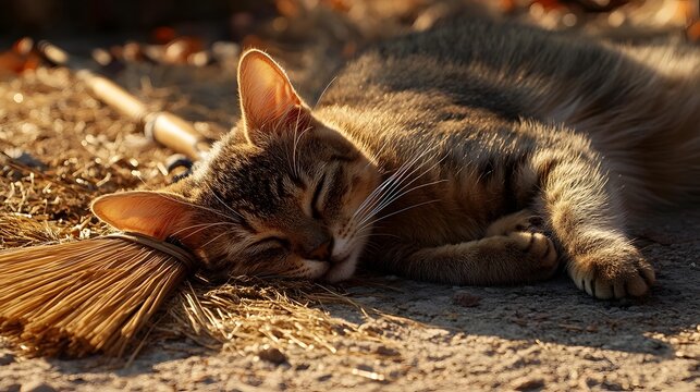 Sleeping tabby cat near a broom outdoors in sunlight
