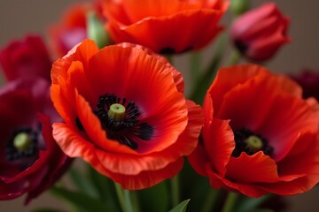 Vivid Red Poppy Flowers in Bloom: A Captivating Close-Up of Floral Beauty and Intricate Details.                                                      