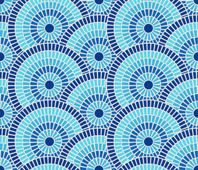 Mosaic seamless Greek pattern tile sea texture blue background Rome vector motif. Ancient Mediterranean stone floor design architecture illustration. Circular wave border decor interior artwork.
