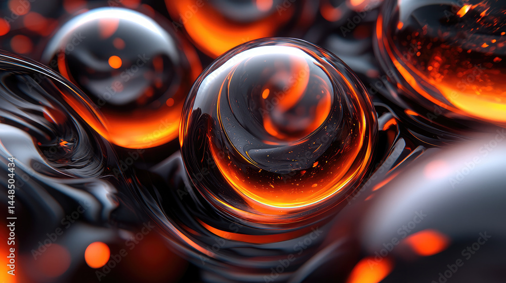 Poster abstract, glowing orbs in dark liquid. intricate, fiery textures within transparent spheres. dynamic