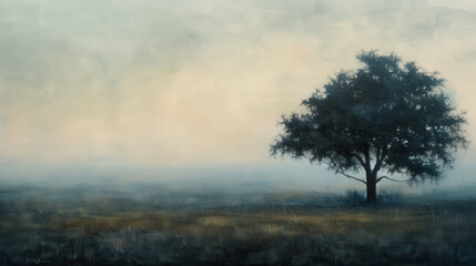 Single Tree in Foggy Field