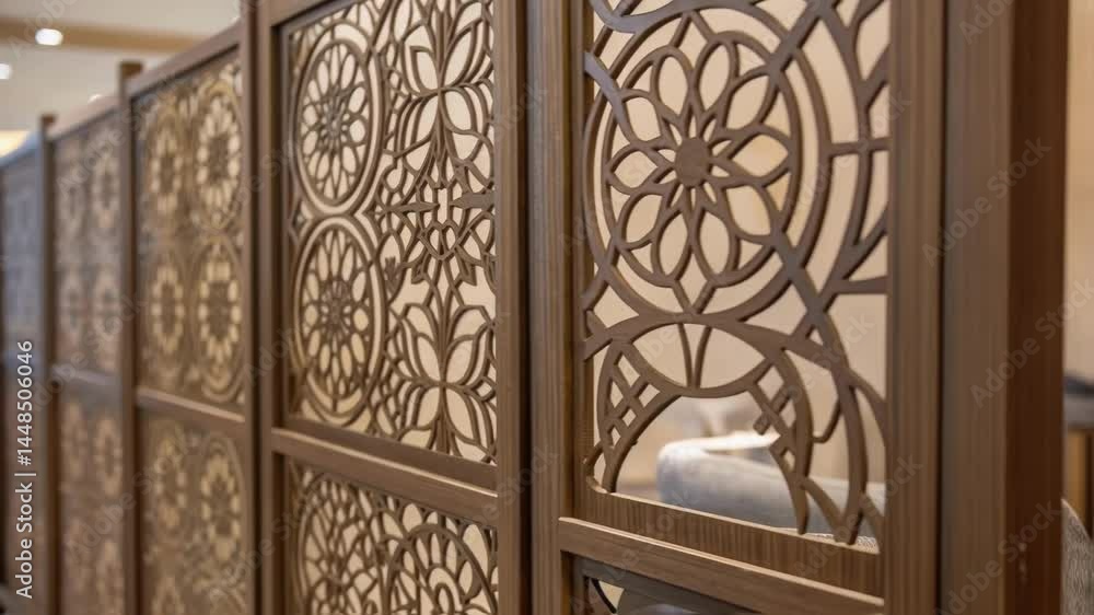 Aufkleber A closeup image of a contemporary partition screen adorned with artistic patterns that provide privacy while enhancing the aesthetic of the waiting area.