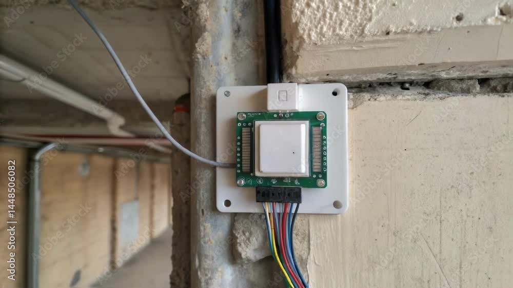 Aufkleber a closeup image of a sensor being mounted on a wall with the circuit board visible and wires being c