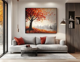 Autumnal Cityscape:  Vibrant Tree Painting on Grey Sofa