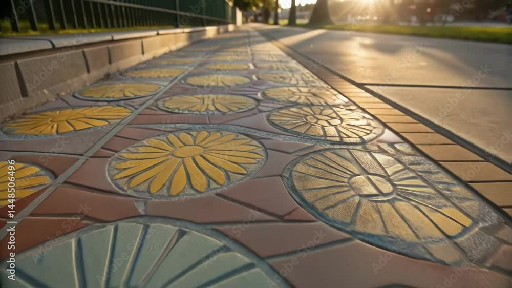 Poster A closeup of a completed section of sidewalk with decorative tiles forming a sunburst pattern capturing the way light and shadows play across the surface.