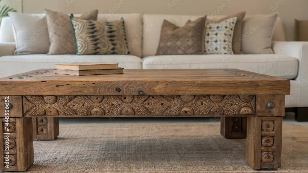 Poster a closeup of a designer coffee table made from reclaimed wood showcasing intricate details and natur