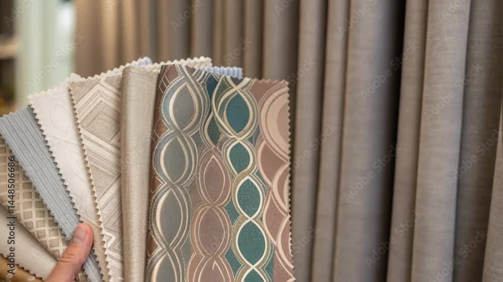 Poster a closeup of a designers hand holding fabric swatches for curtains showcasing various textures and c