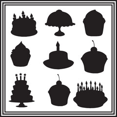 Cake and Cupcake Silhouette Set – Birthday Cakes, Cupcakes, and Dessert Icons for Party Decor and Bakery Design Projects