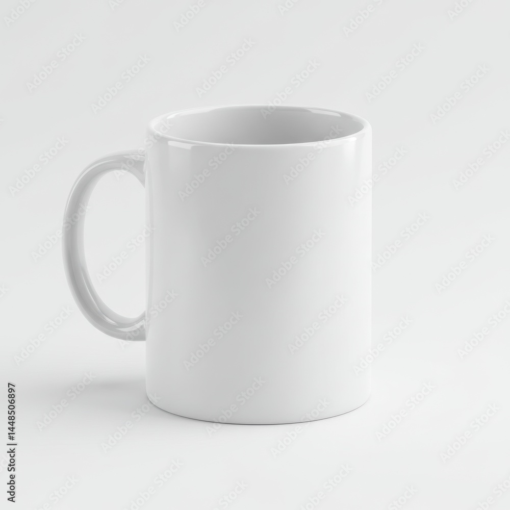 Aufkleber a simple white ceramic mug with a handle sitting on a white surface in a studio setting view