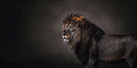 A high-resolution photo of a lion with a mane made of burning flames, dark background, surreal lighting, intense glowing effect, clear details