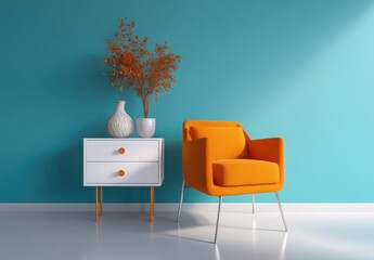 Orange chair in teal room