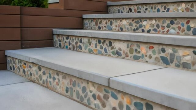 A closeup of a multilevel seating step crafted from concrete embedded with vibrant stones providing both functional seating and artistic flair.