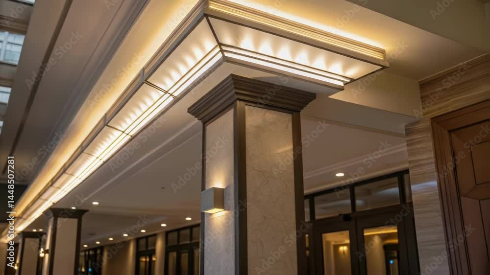 Poster A closeup of an energyefficient LED lighting fixture illuminating the lobby with a soft glow creating an inviting environment while emphasizing the architectural details.