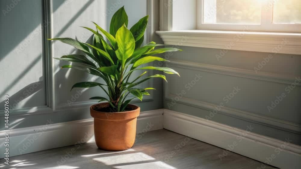 Poster a closeup of a potted plant being p in a sunlit corner surrounded by fresh paint highlighting the bl