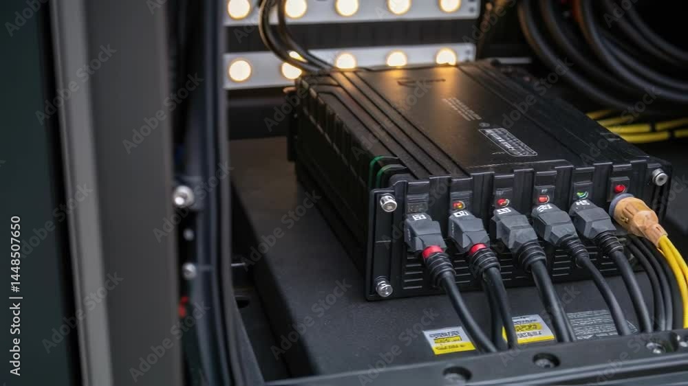 Aufkleber A closeup of a power supply unit wired to multiple light sets showcasing the complex setup necessary for illuminating performances while ensuring safety and reliability.