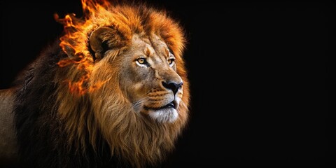 Fototapeta premium A high-resolution photo of a lion with a mane made of burning flames, dark background, surreal lighting, intense glowing effect, clear details
