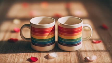 Macro shot of two mugs with intertwined rainbow stripes, surrounded by colorful petals, evokes warmth and joy