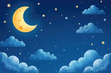 Crescent moon, stars, and clouds on the midnight sky background. Night sky scenery background. Paper art style.  Illustration.