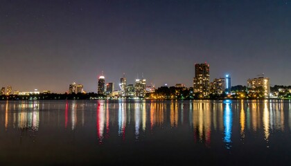 Obraz premium Nighttime cityscape reflection urban skyline photography waterfront panoramic view aesthetic beauty