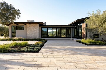 Modern house exterior with natural landscaping in a serene rural setting showcasing large glass windows and clean architectural lines
