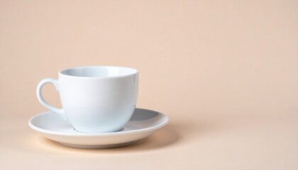 Elegant white coffee cup on saucer minimalist setting product photography soft background close-up view contemporary design