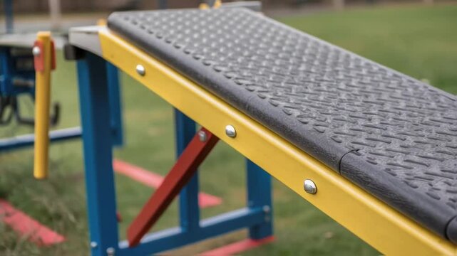 A closeup of a sy freshly installed dog agility seesaw showcasing the textured surface and bright safety edges hinting at the fun and safety for visiting pups.