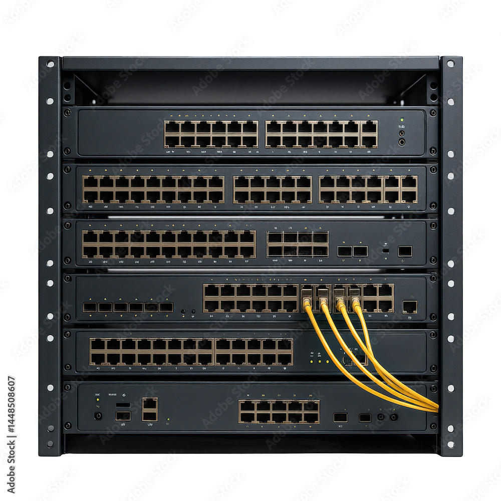 Poster array of dark network switches featuring many gold ports, stacked neatly in a robust rack structure.