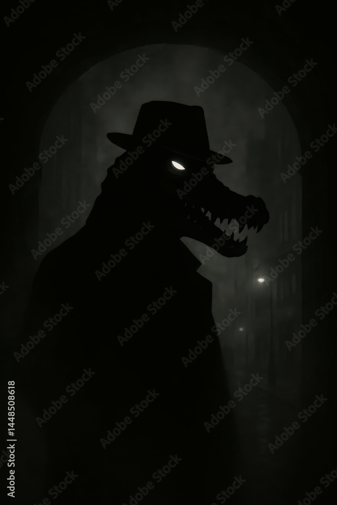 Poster mysterious alligator character in dark alleyway with fog
