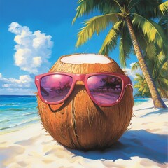 Coconut wearing sunglasses enjoying a perfect beach day