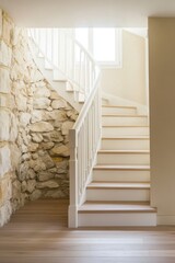 This stylish interior features a beautifully illuminated wooden staircase, perfectly complemented by a stunning stone wall in a modern home environment