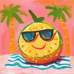 A cheerful pineapple wearing sunglasses, relaxing under palm trees on a beach towel