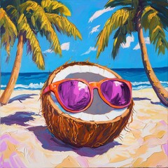 A Coconut with sunglasses on the beach in summer